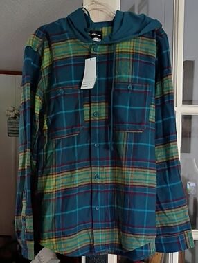 Original Use Teal Plaid Hooded Button-Down Shirt